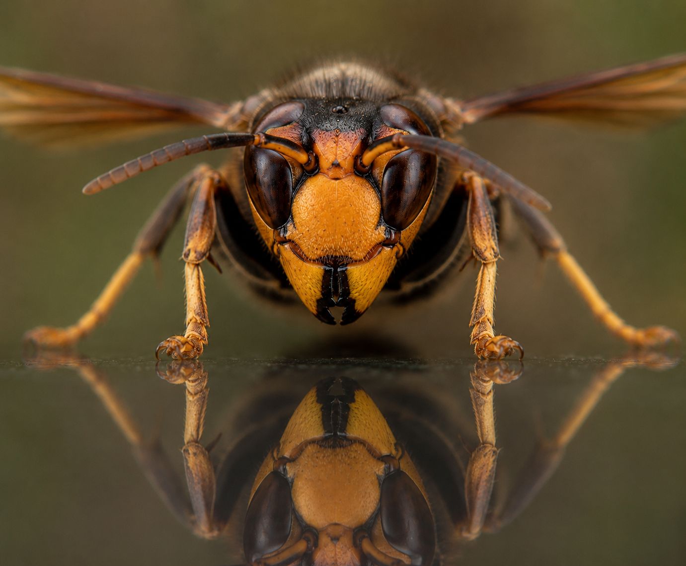 Macrofoto van de kop van een Aziatische hoornaar